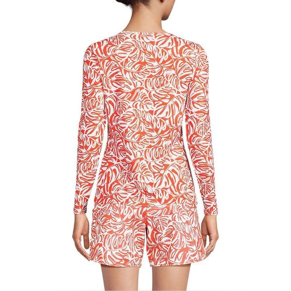 Land's End long sleeve swim tee rashguard, orange mini tropic leaves size large - Picture 2 of 5